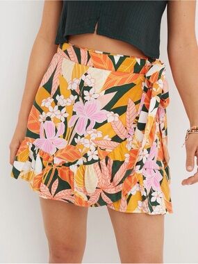 Aerie Tropical Print Wrap Mini Skirt Orange